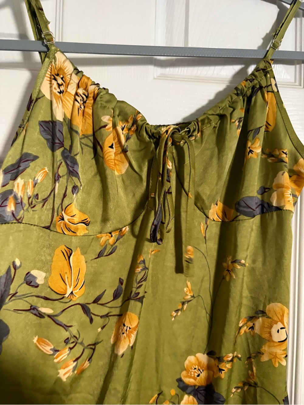 Shein Olive Green Floral Maxi Dress with Yellow Blooms side slit - Picture 3 of 6